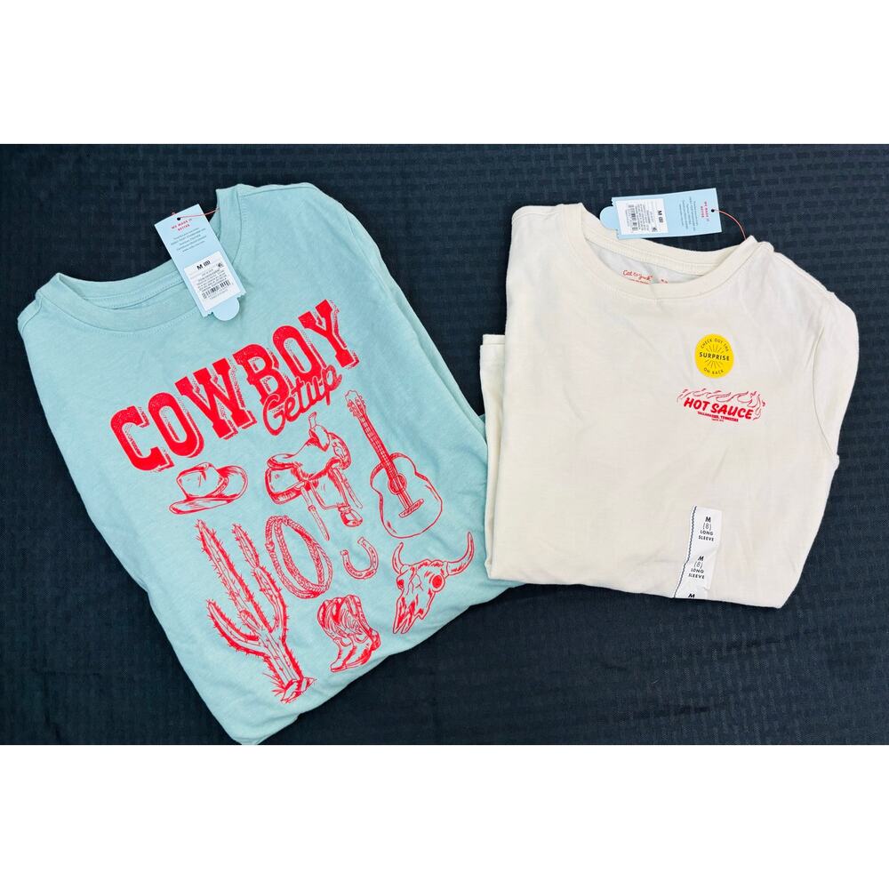Lot of 2 Cat & Jack Long Sleeve Shirts Cowboy & Hot Sauce Boy's Size 8 (Med) NWT